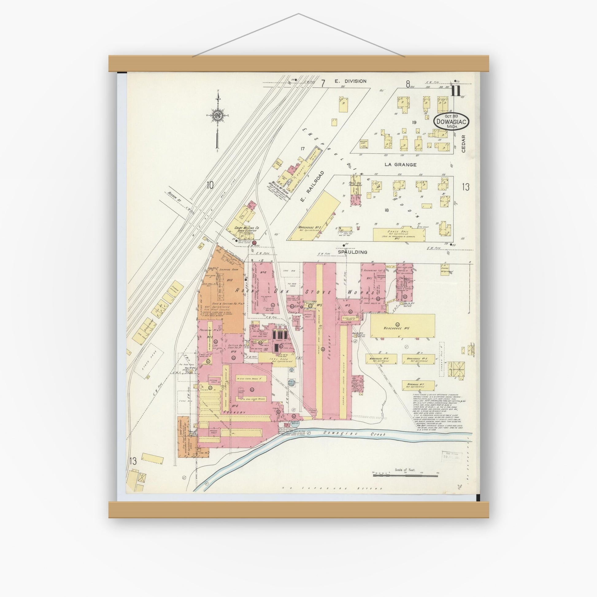 Old map wall art mockup — magnetic wood frame on white wall — Sanborn Fire Insurance Map from Dowagiac, Cass County, Michigan (1913), Sheet #0011