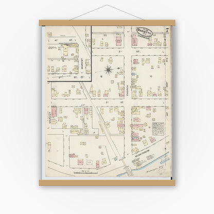 Old map wall art mockup — magnetic wood frame on white wall — Sanborn Fire Insurance Map from Marietta, Washington County, Ohio (1884), Sheet #0007