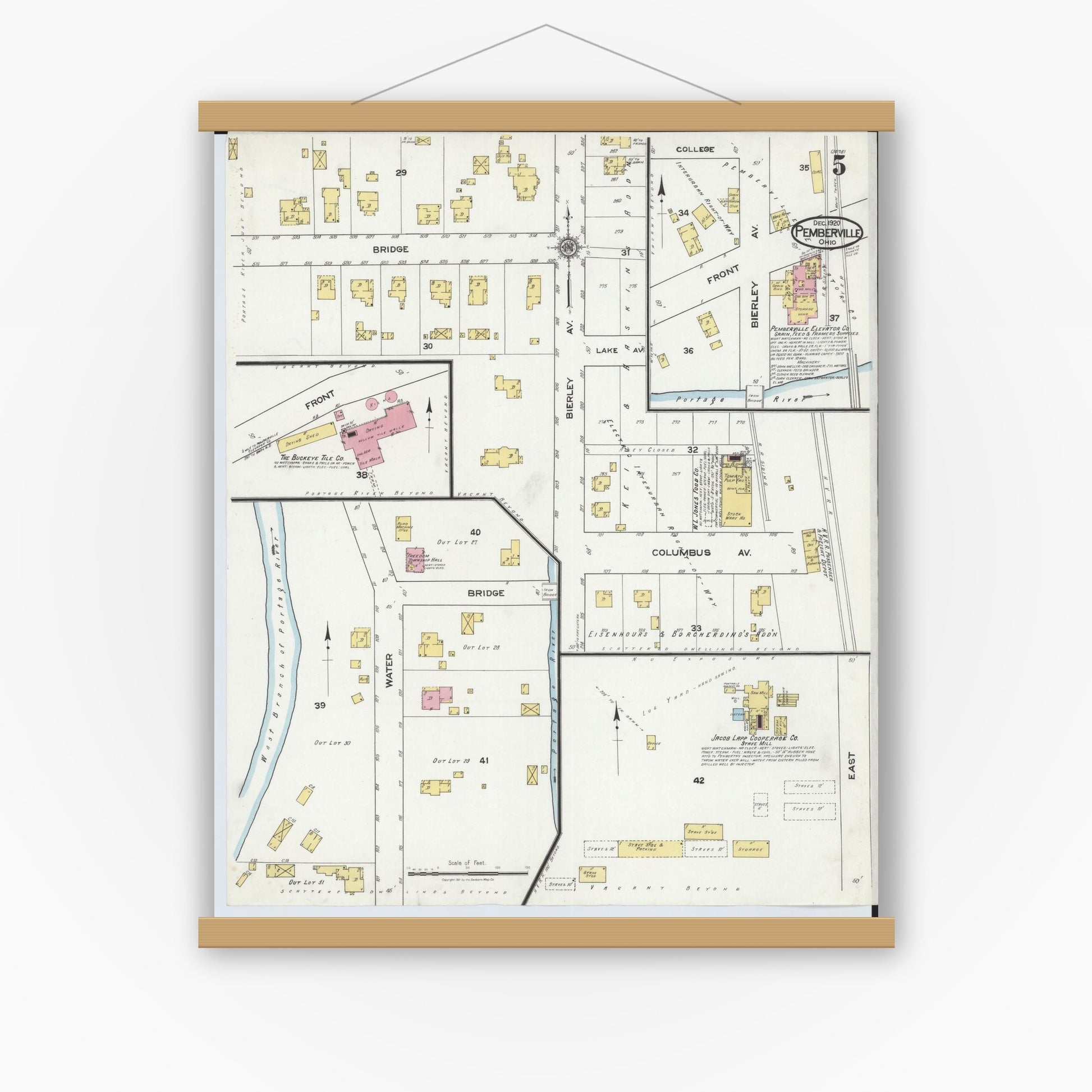 Old map wall art mockup — magnetic wood frame on white wall — Sanborn Fire Insurance Map from Pemberville, Wood County, Ohio (1920), Sheet #0005