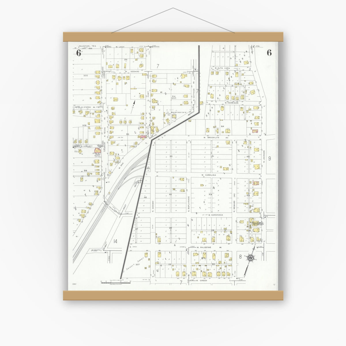 Old map wall art mockup — magnetic wood frame on white wall — Sanborn Fire Insurance Map from Palestine, Anderson County, Texas (1935), Sheet #0006