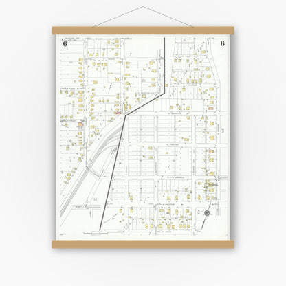 Old map wall art mockup — magnetic wood frame on white wall — Sanborn Fire Insurance Map from Palestine, Anderson County, Texas (1935), Sheet #0006
