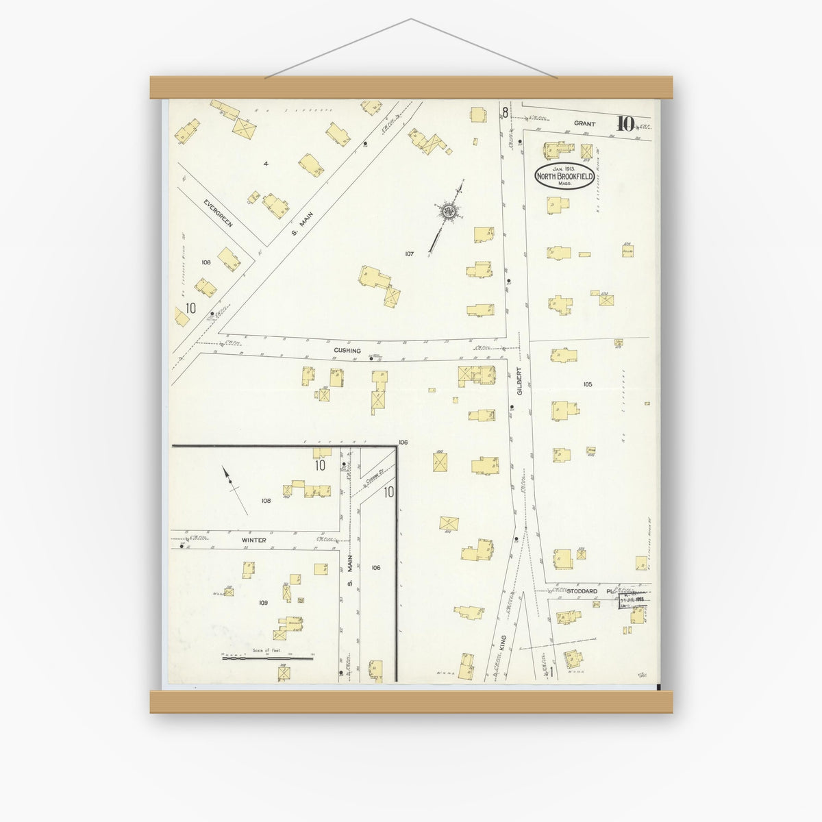 Old map wall art mockup — magnetic wood frame on white wall — Sanborn Fire Insurance Map from North Brookfield, Worcester County, Massachusetts (1913), Sheet #0010