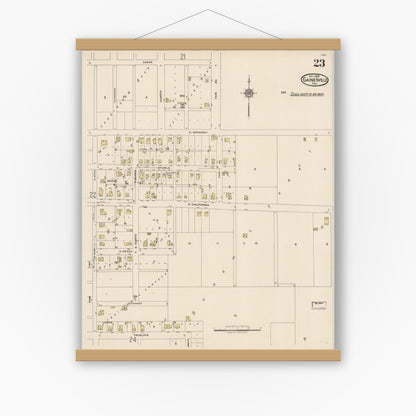 Old map wall art mockup — magnetic wood frame on white wall — Sanborn Fire Insurance Map from Gainesville, Cooke County, Texas (1922), Sheet #0023