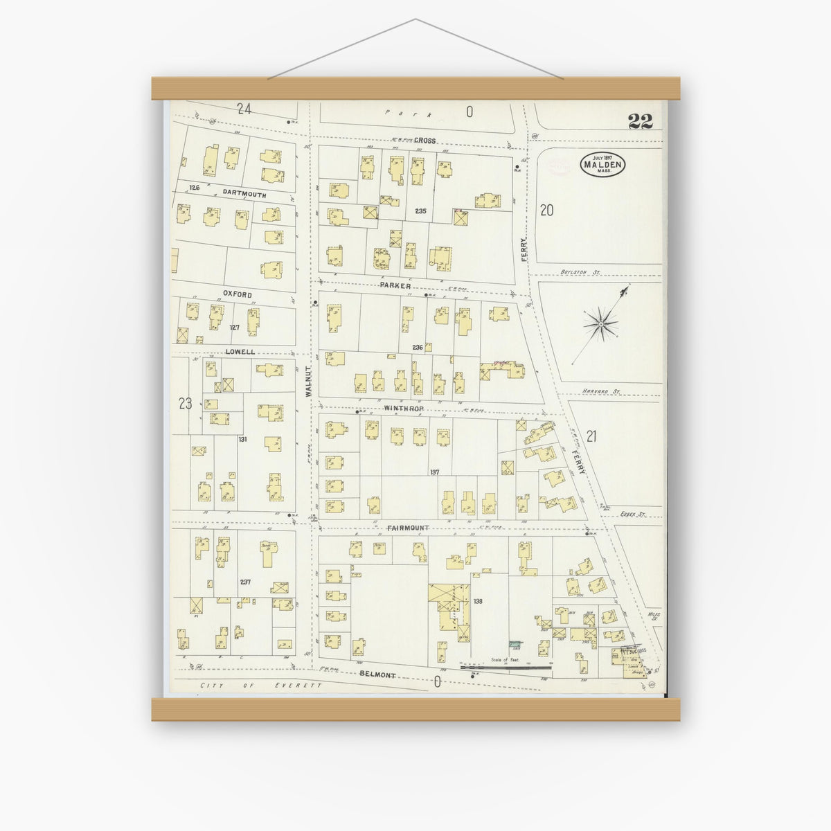 Old map wall art mockup — magnetic wood frame on white wall — Sanborn Fire Insurance Map from Malden, Middlesex County, Massachusetts (1897), Sheet #0022