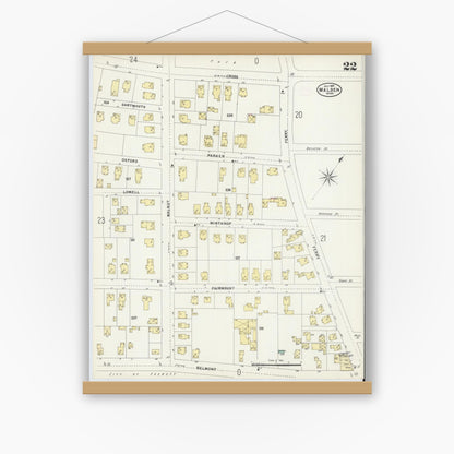 Old map wall art mockup — magnetic wood frame on white wall — Sanborn Fire Insurance Map from Malden, Middlesex County, Massachusetts (1897), Sheet #0022