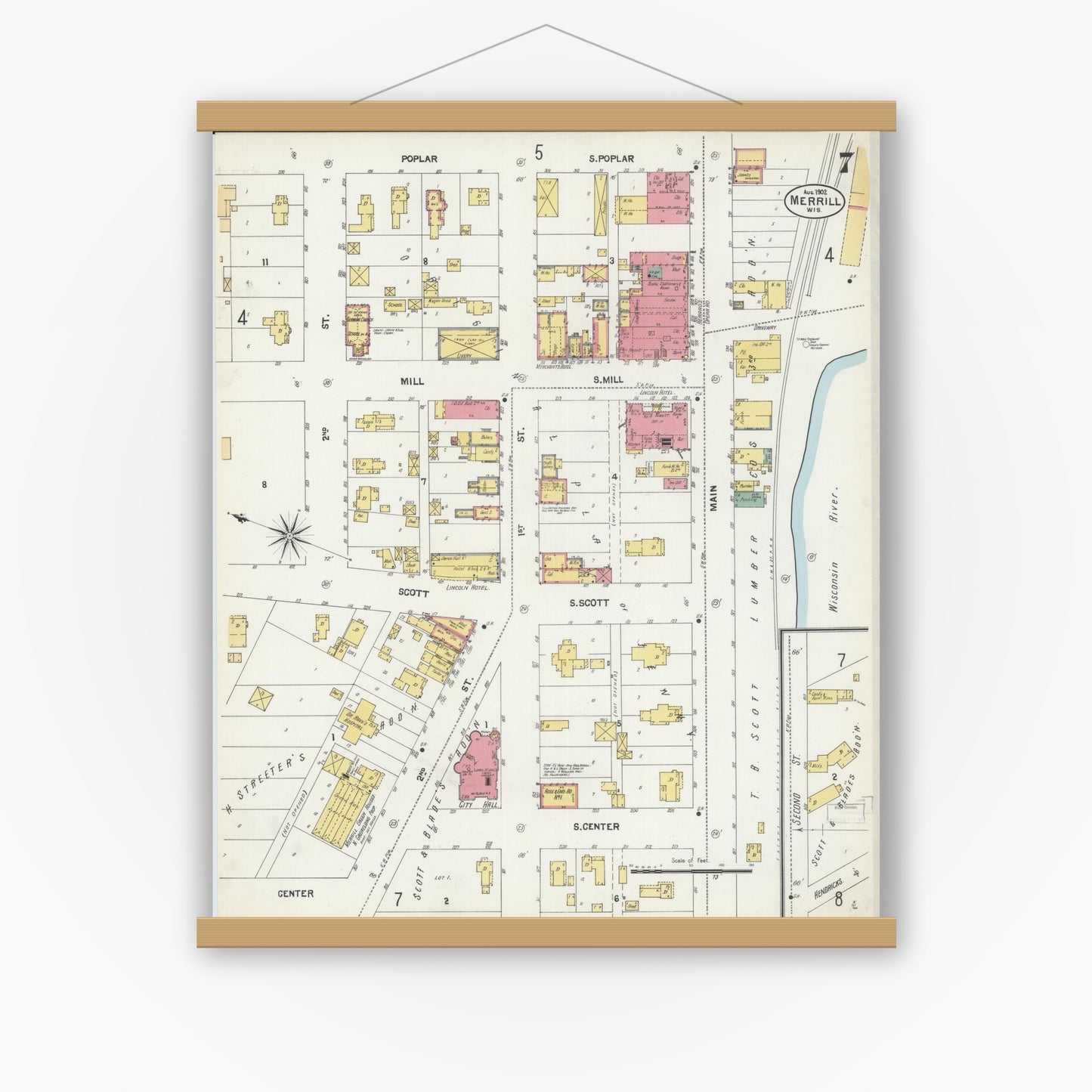 Old map wall art mockup — magnetic wood frame on white wall — Sanborn Fire Insurance Map from Merrill, Lincoln County, Wisconsin (1902), Sheet #0007