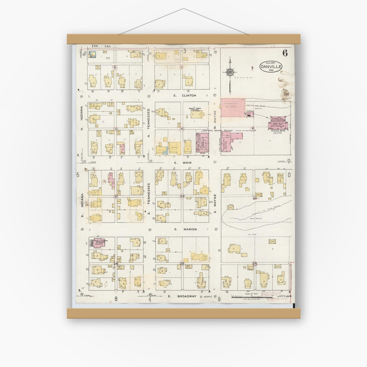 Old map wall art mockup — magnetic wood frame on white wall — Sanborn Fire Insurance Map from Danville, Hendricks County, Indiana (1932), Sheet #0006
