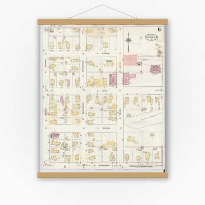 Old map wall art mockup — magnetic wood frame on white wall — Sanborn Fire Insurance Map from Danville, Hendricks County, Indiana (1932), Sheet #0006