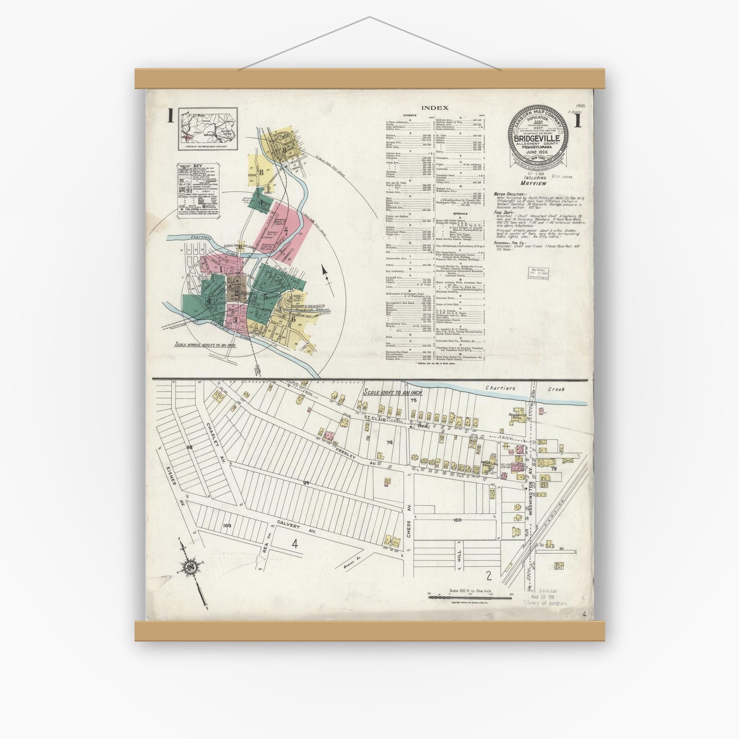 Old map wall art mockup — magnetic wood frame on white wall — Sanborn Fire Insurance Map from Bridgeville, Allegheny County, Pennsylvania (1924) - Complete Map Set