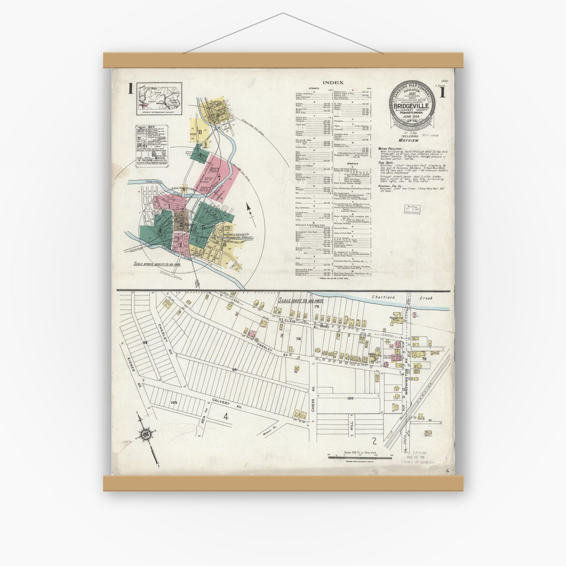 Old map wall art mockup — magnetic wood frame on white wall — Sanborn Fire Insurance Map from Bridgeville, Allegheny County, Pennsylvania (1924) - Complete Map Set