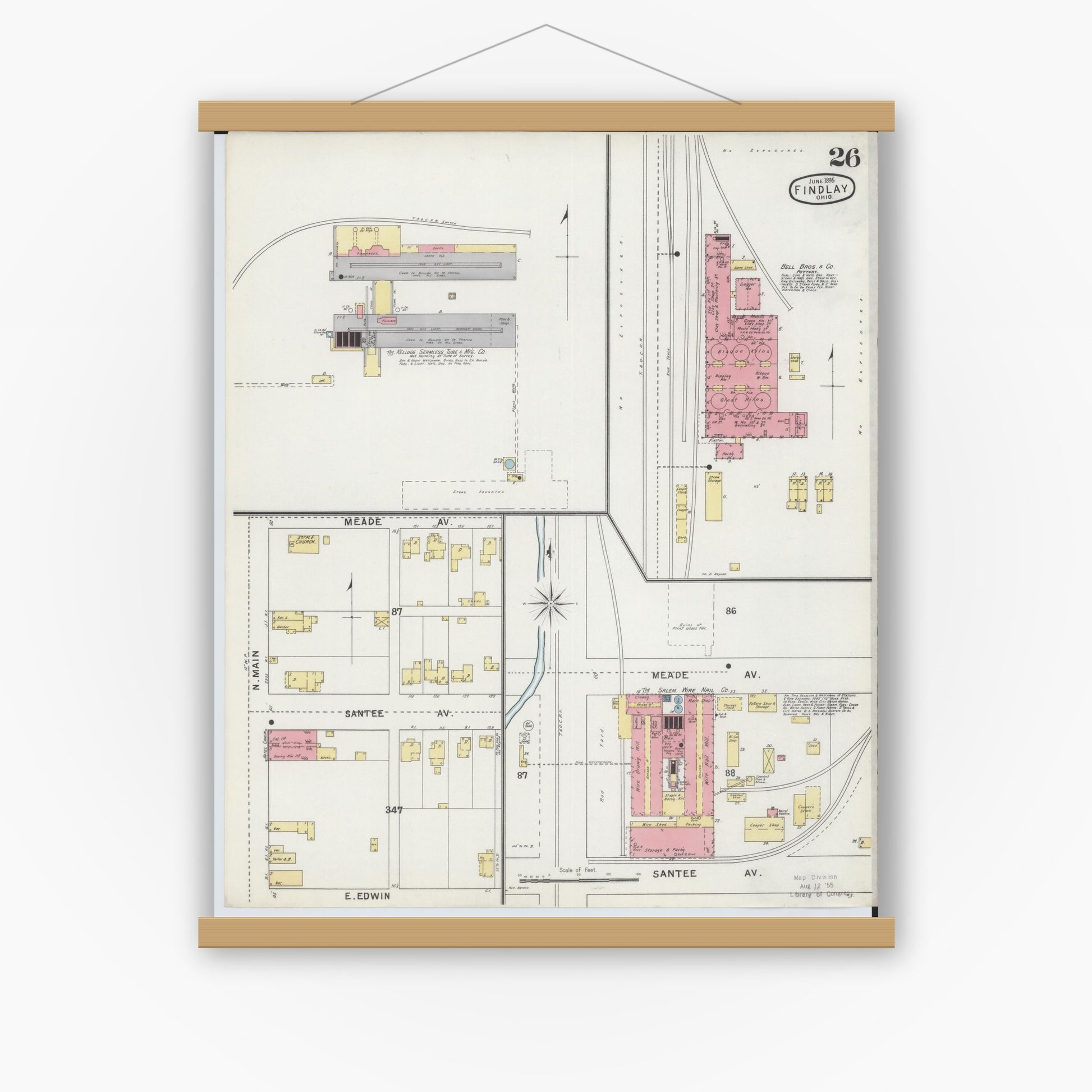 Old map wall art mockup — magnetic wood frame on white wall — Sanborn Fire Insurance Map from Findlay, Hancock County, Ohio (1895), Sheet #0026