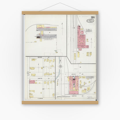 Old map wall art mockup — magnetic wood frame on white wall — Sanborn Fire Insurance Map from Findlay, Hancock County, Ohio (1895), Sheet #0026
