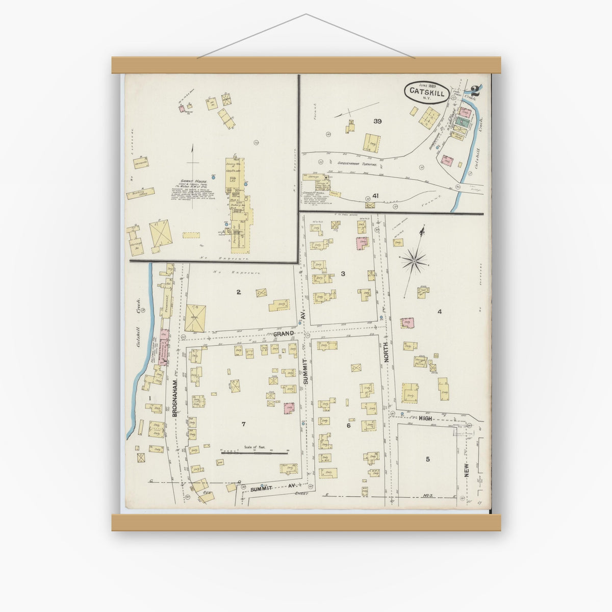 Old map wall art mockup — magnetic wood frame on white wall — Sanborn Fire Insurance Map from Catskill, Greene County, New York (1889), Sheet #0002