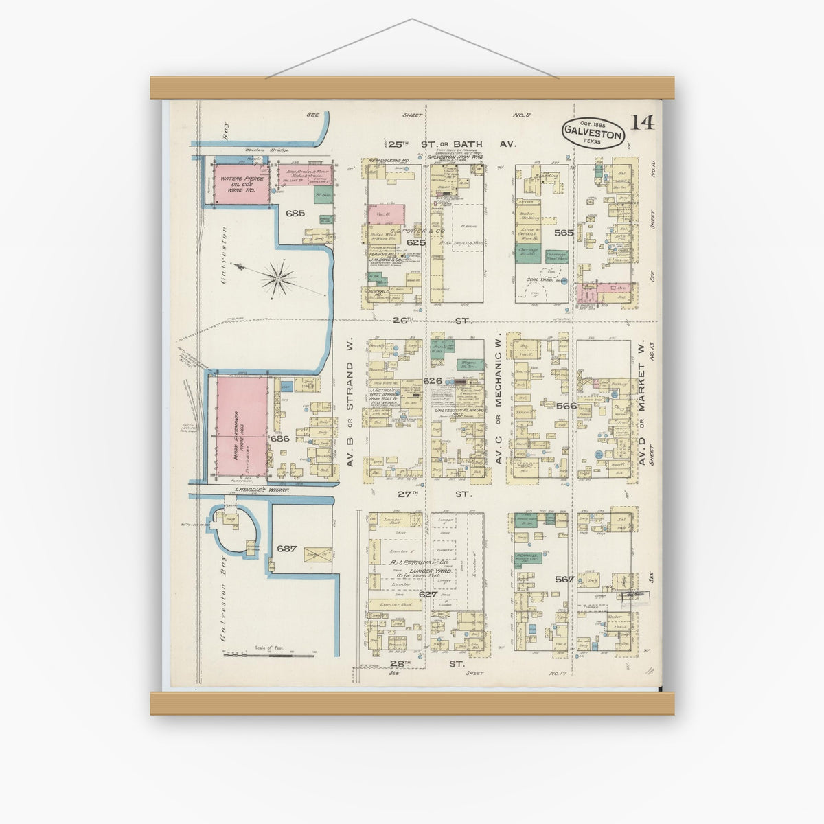 Old map wall art mockup — magnetic wood frame on white wall — Sanborn Fire Insurance Map from Galveston, Galveston County, Texas (1885), Sheet #0014