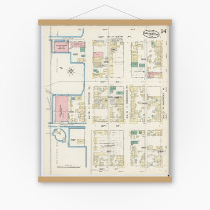 Old map wall art mockup — magnetic wood frame on white wall — Sanborn Fire Insurance Map from Galveston, Galveston County, Texas (1885), Sheet #0014