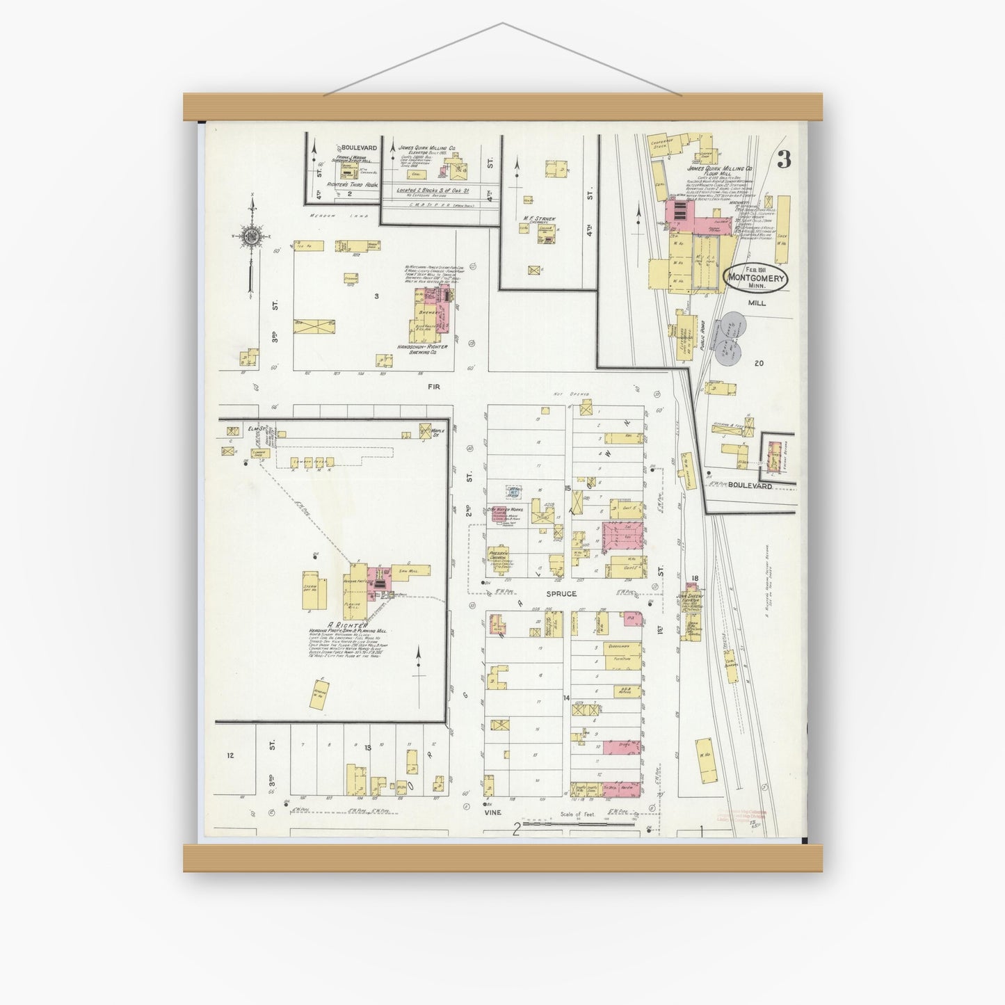 Old map wall art mockup — magnetic wood frame on white wall — Sanborn Fire Insurance Map from Montgomery, Le Sueur  County, Minnesota (1911), Sheet #0003