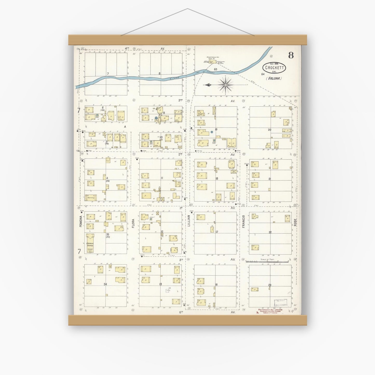 Old map wall art mockup — magnetic wood frame on white wall — Sanborn Fire Insurance Map from Crockett, Contra Costa County, California (1899), Sheet #0008