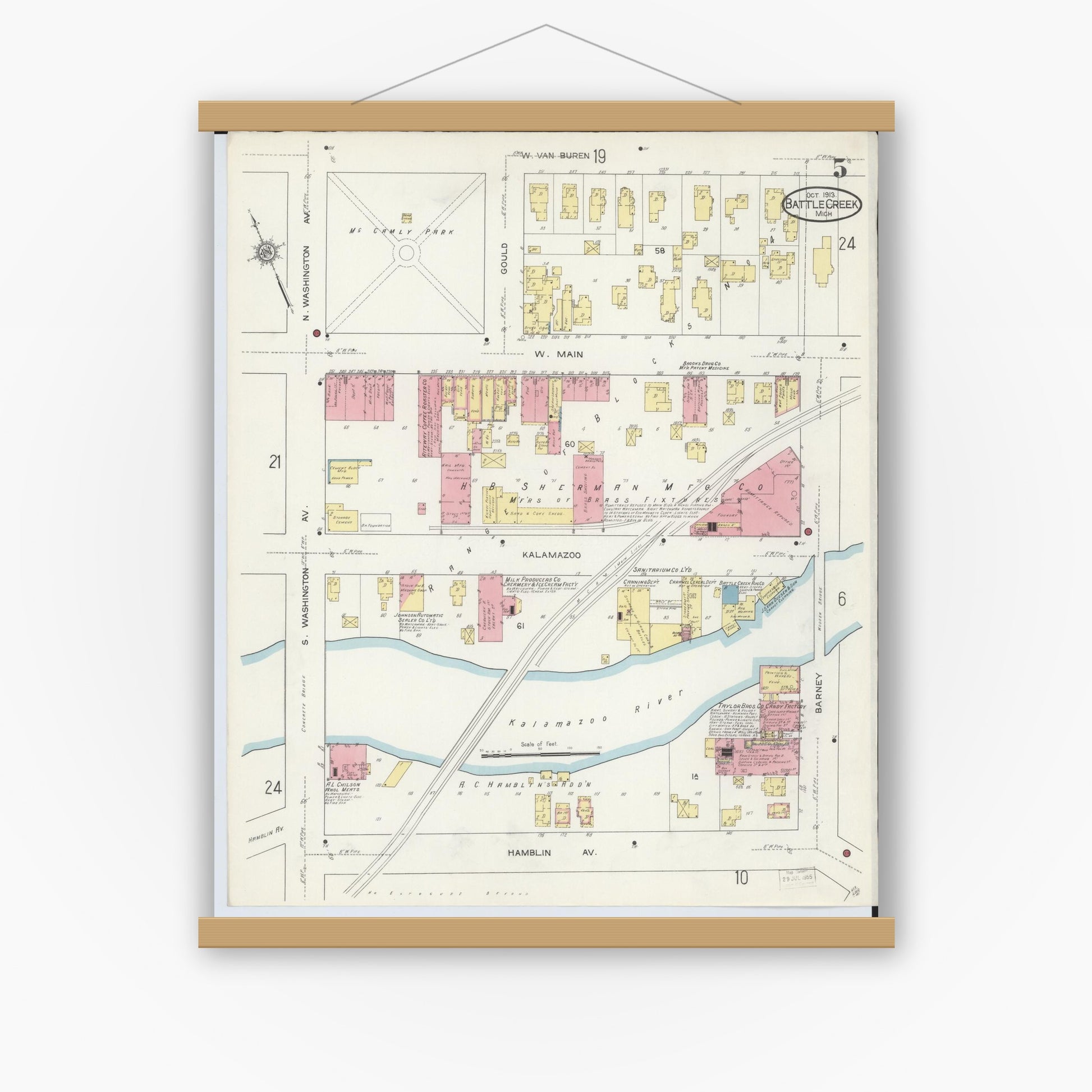 Old map wall art mockup — magnetic wood frame on white wall — Sanborn Fire Insurance Map from Battle Creek, Calhoun County, Michigan (1913), Sheet #0005