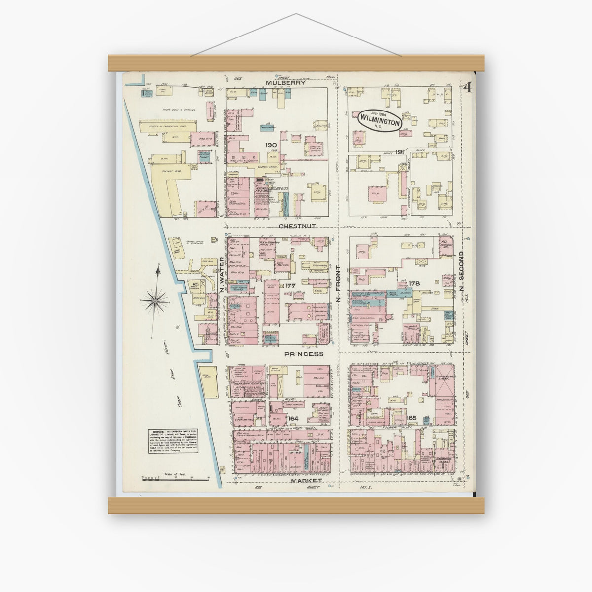 Old map wall art mockup — magnetic wood frame on white wall — Sanborn Fire Insurance Map from Wilmington, New Hanover County, North Carolina (1884), Sheet #0004