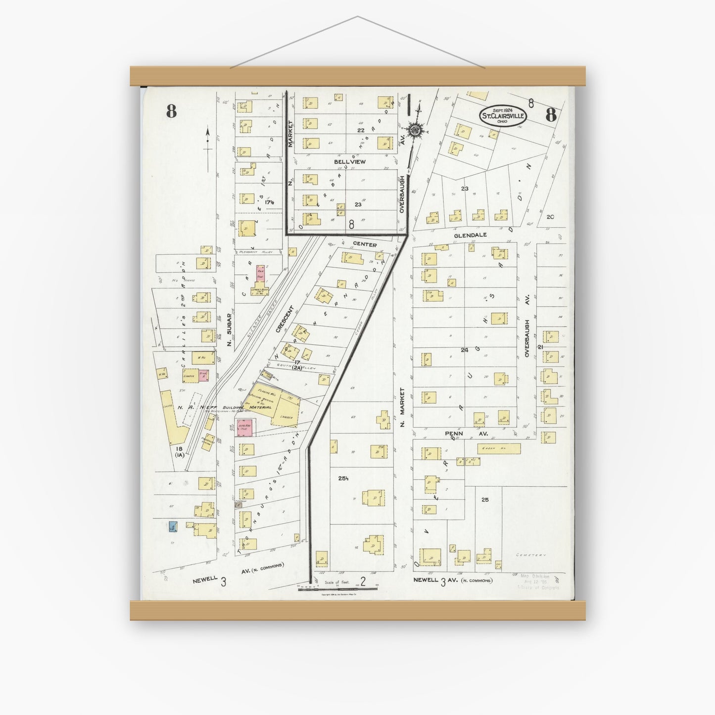 Old map wall art mockup — magnetic wood frame on white wall — Sanborn Fire Insurance Map from Saint Clairsville, Belmont County, Ohio (1924), Sheet #0008