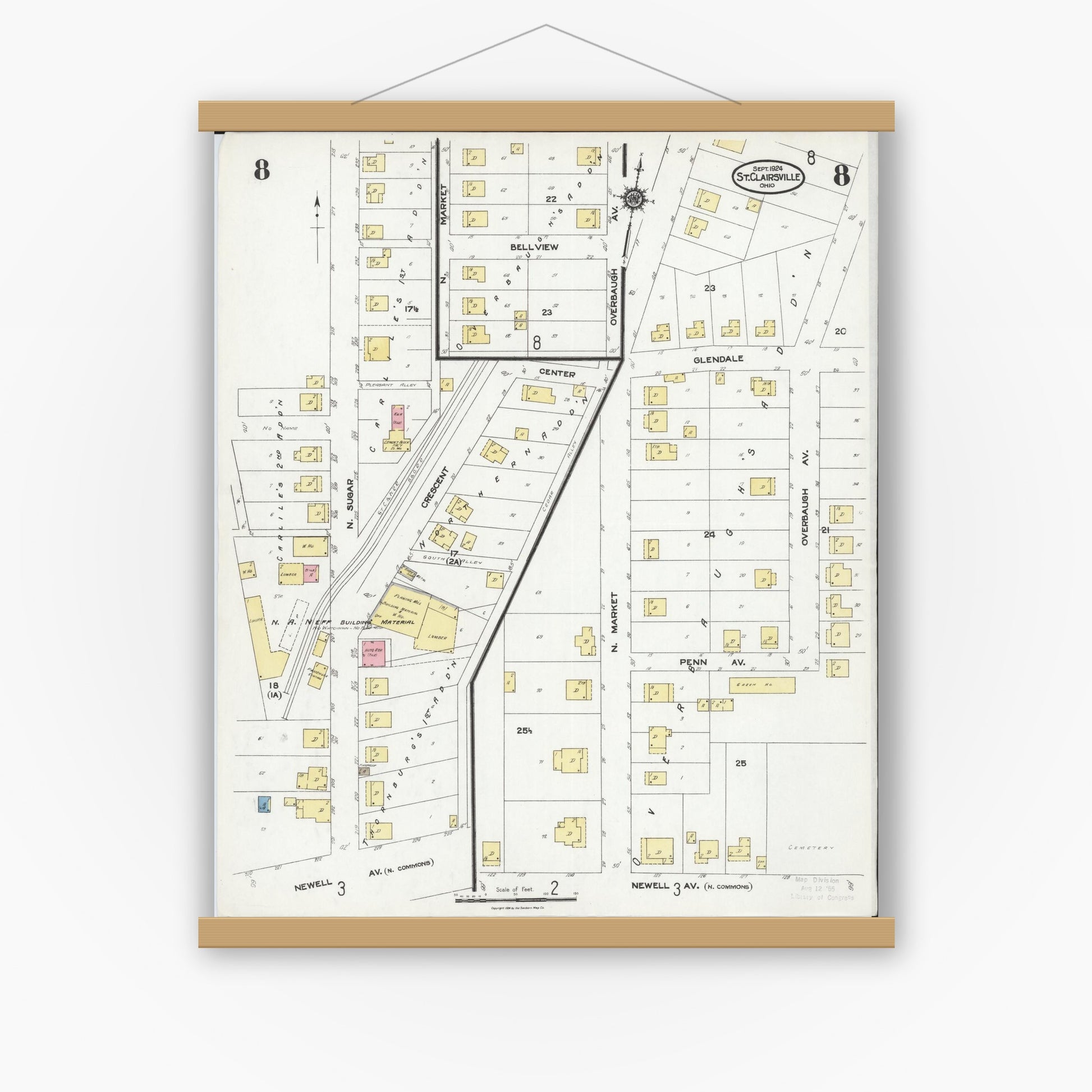 Old map wall art mockup — magnetic wood frame on white wall — Sanborn Fire Insurance Map from Saint Clairsville, Belmont County, Ohio (1924), Sheet #0008
