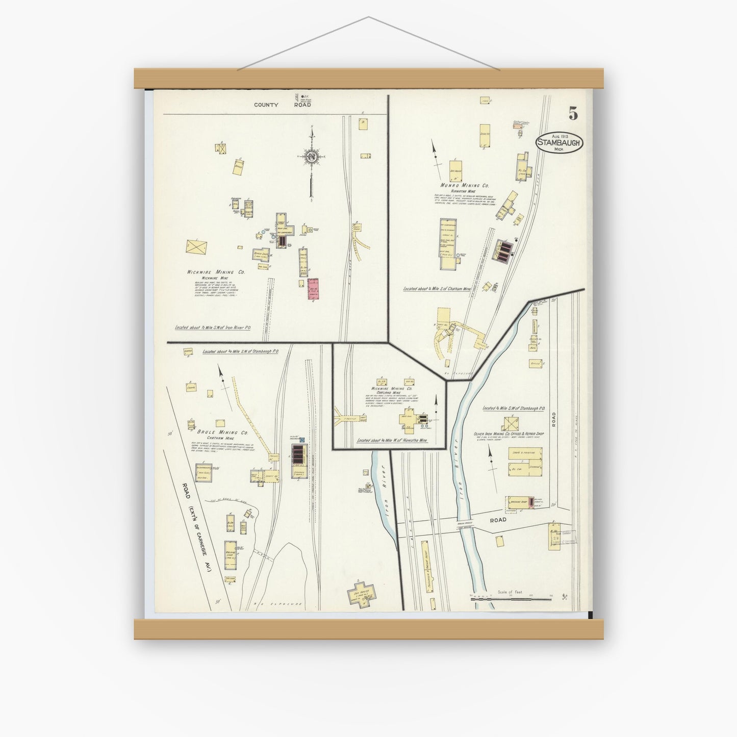 Old map wall art mockup — magnetic wood frame on white wall — Sanborn Fire Insurance Map from Stambaugh, Iron County, Michigan (1913), Sheet #0005