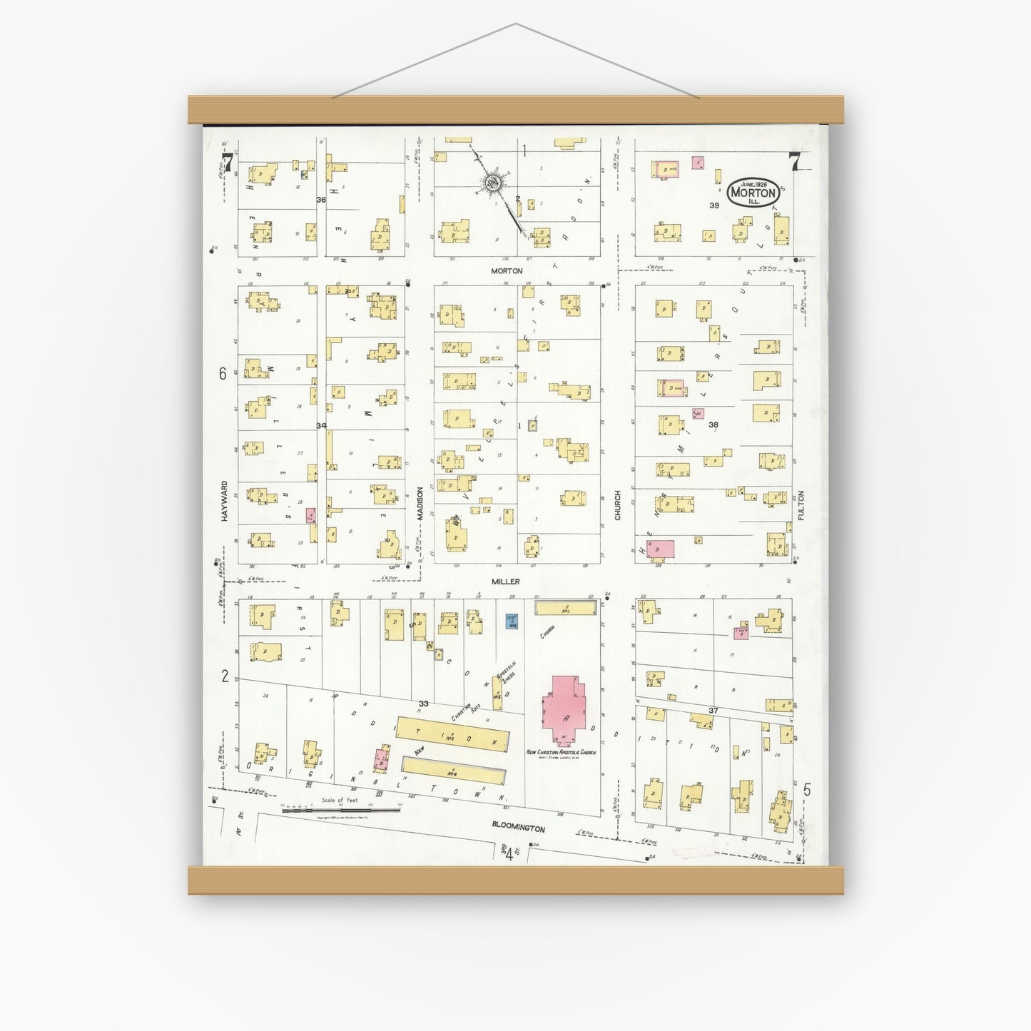 Old map wall art mockup — magnetic wood frame on white wall — Sanborn Fire Insurance Map from Morton, Tazewell County, Illinois (1926), Sheet #0007