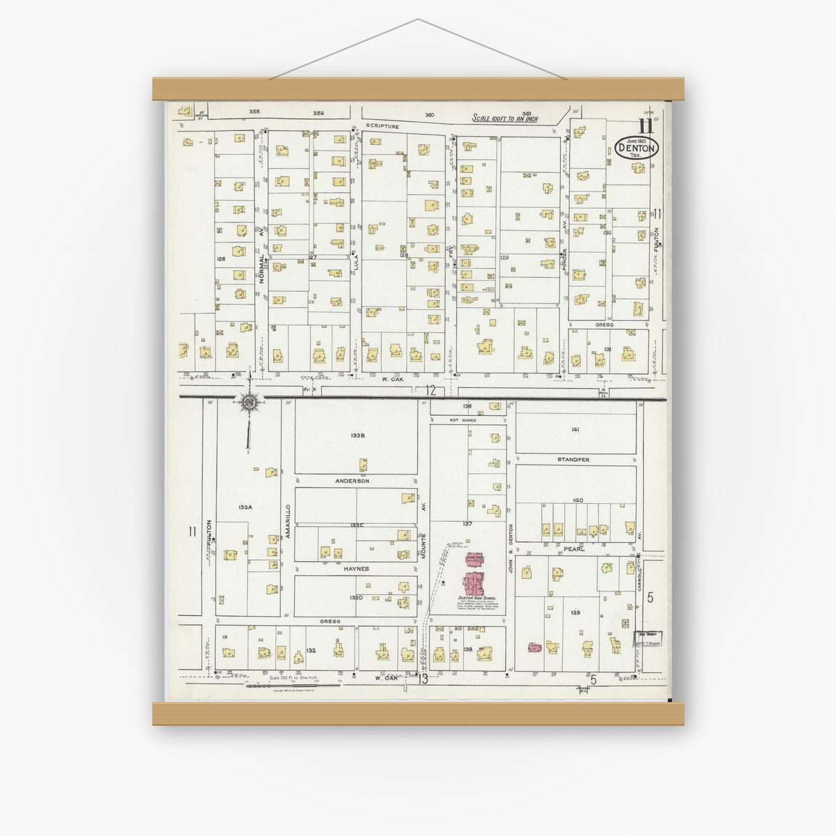 Old map wall art mockup — magnetic wood frame on white wall — Sanborn Fire Insurance Map from Denton, Denton County, Texas (1921), Sheet #0011