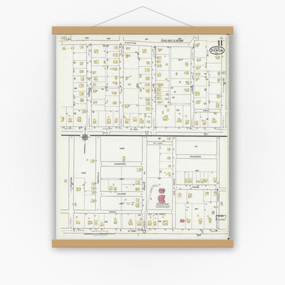 Old map wall art mockup — magnetic wood frame on white wall — Sanborn Fire Insurance Map from Denton, Denton County, Texas (1921), Sheet #0011