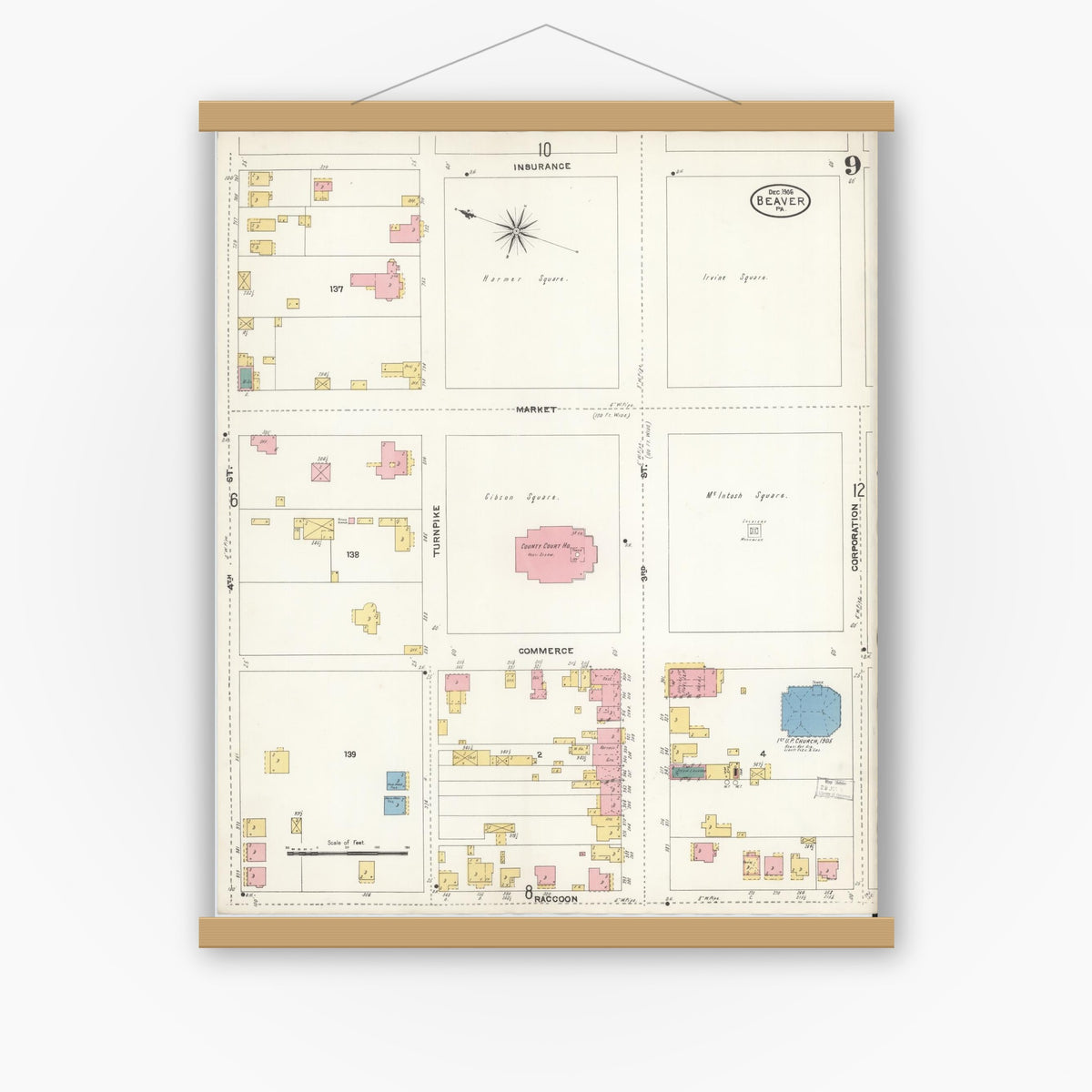 Old map wall art mockup — magnetic wood frame on white wall — Sanborn Fire Insurance Map from Beaver, Beaver County, Pennsylvania (1906), Sheet #0009