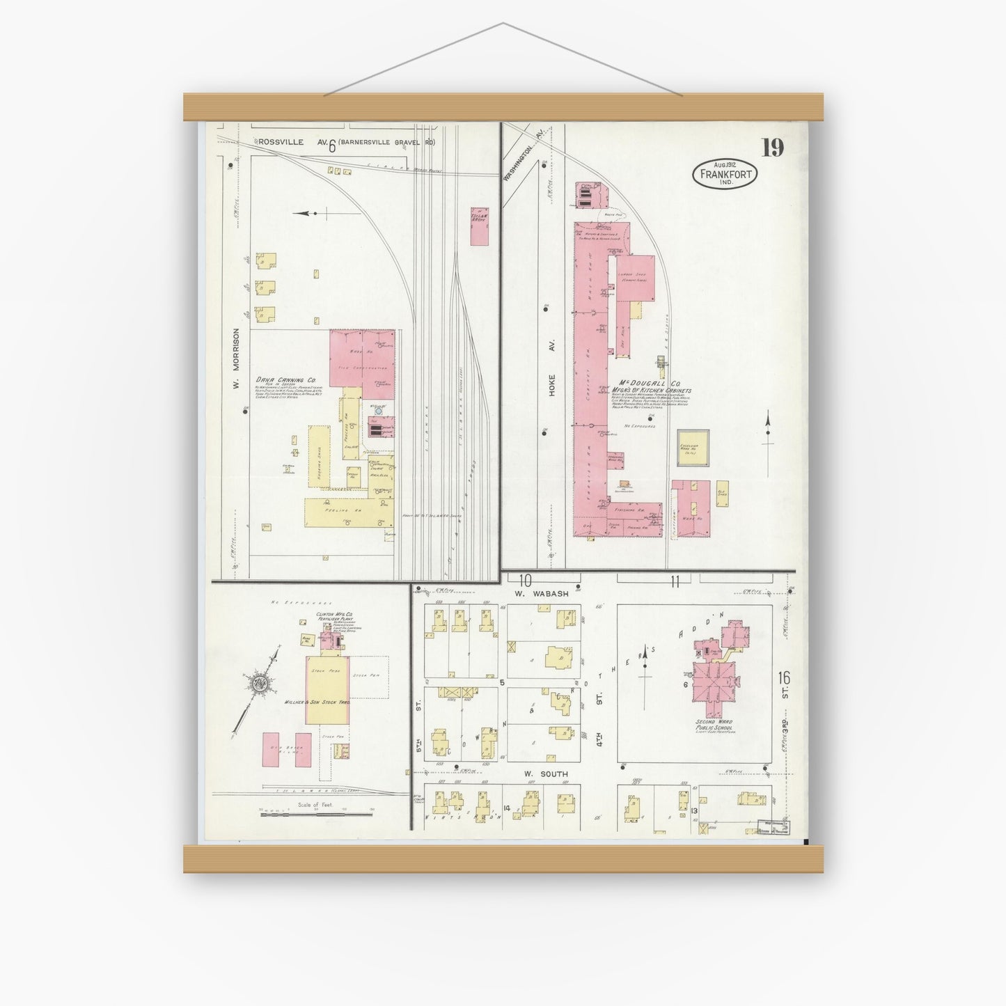 Old map wall art mockup — magnetic wood frame on white wall — Sanborn Fire Insurance Map from Frankfort, Clinton County, Indiana (1912), Sheet #0019