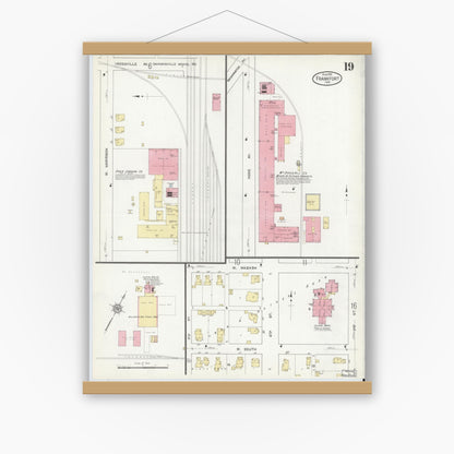Old map wall art mockup — magnetic wood frame on white wall — Sanborn Fire Insurance Map from Frankfort, Clinton County, Indiana (1912), Sheet #0019