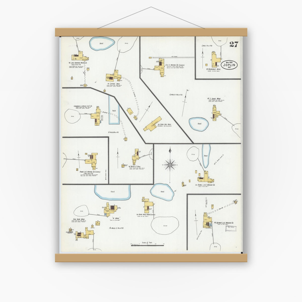 Old map wall art mockup — magnetic wood frame on white wall — Sanborn Fire Insurance Map from Joplin, Jasper County, Missouri (1900), Sheet #0027