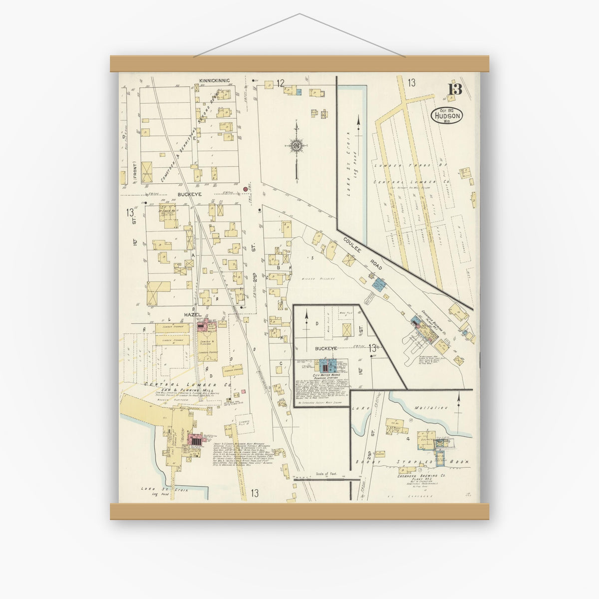 Old map wall art mockup — magnetic wood frame on white wall — Sanborn Fire Insurance Map from Hudson, St. Croix County, Wisconsin (1912), Sheet #0013