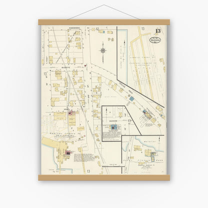 Old map wall art mockup — magnetic wood frame on white wall — Sanborn Fire Insurance Map from Hudson, St. Croix County, Wisconsin (1912), Sheet #0013