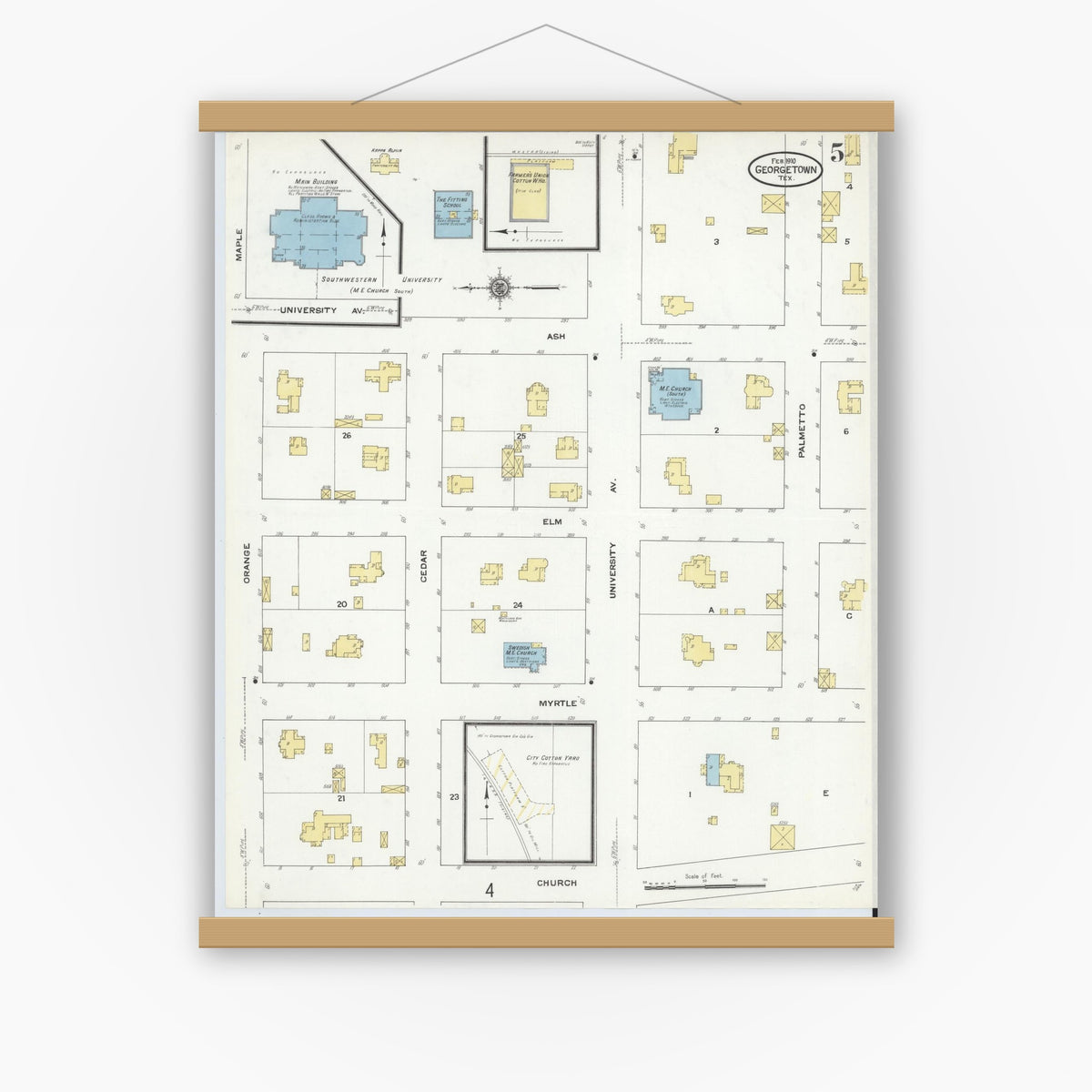 Old map wall art mockup — magnetic wood frame on white wall — Sanborn Fire Insurance Map from Georgetown, Williamson County, Texas (1910), Sheet #0005