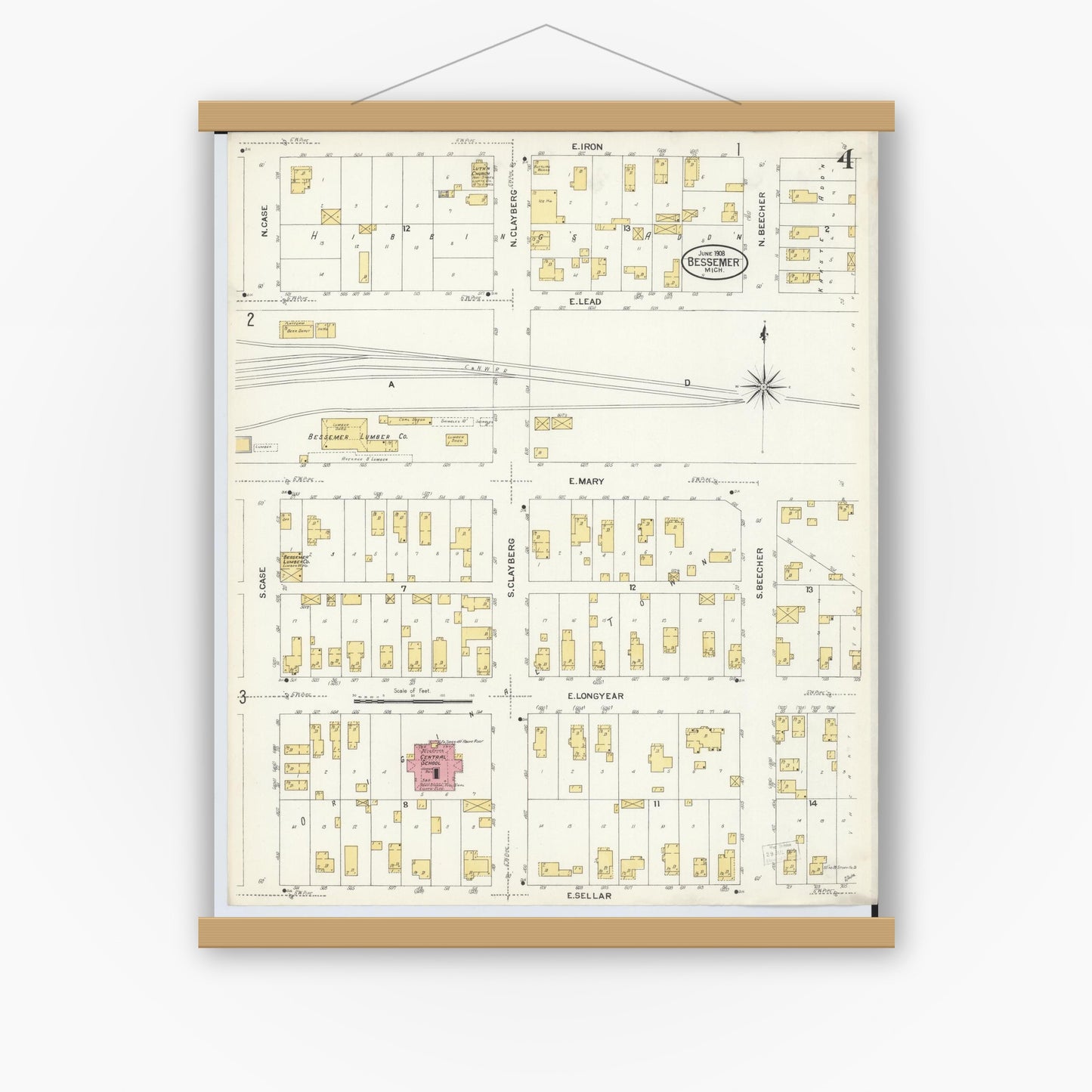 Old map wall art mockup — magnetic wood frame on white wall — Sanborn Fire Insurance Map from Bessemer, Gogebic County, Michigan (1908), Sheet #0004