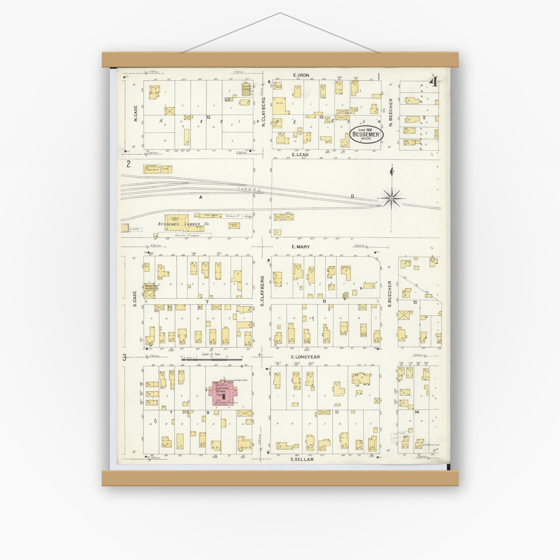 Old map wall art mockup — magnetic wood frame on white wall — Sanborn Fire Insurance Map from Bessemer, Gogebic County, Michigan (1908), Sheet #0004