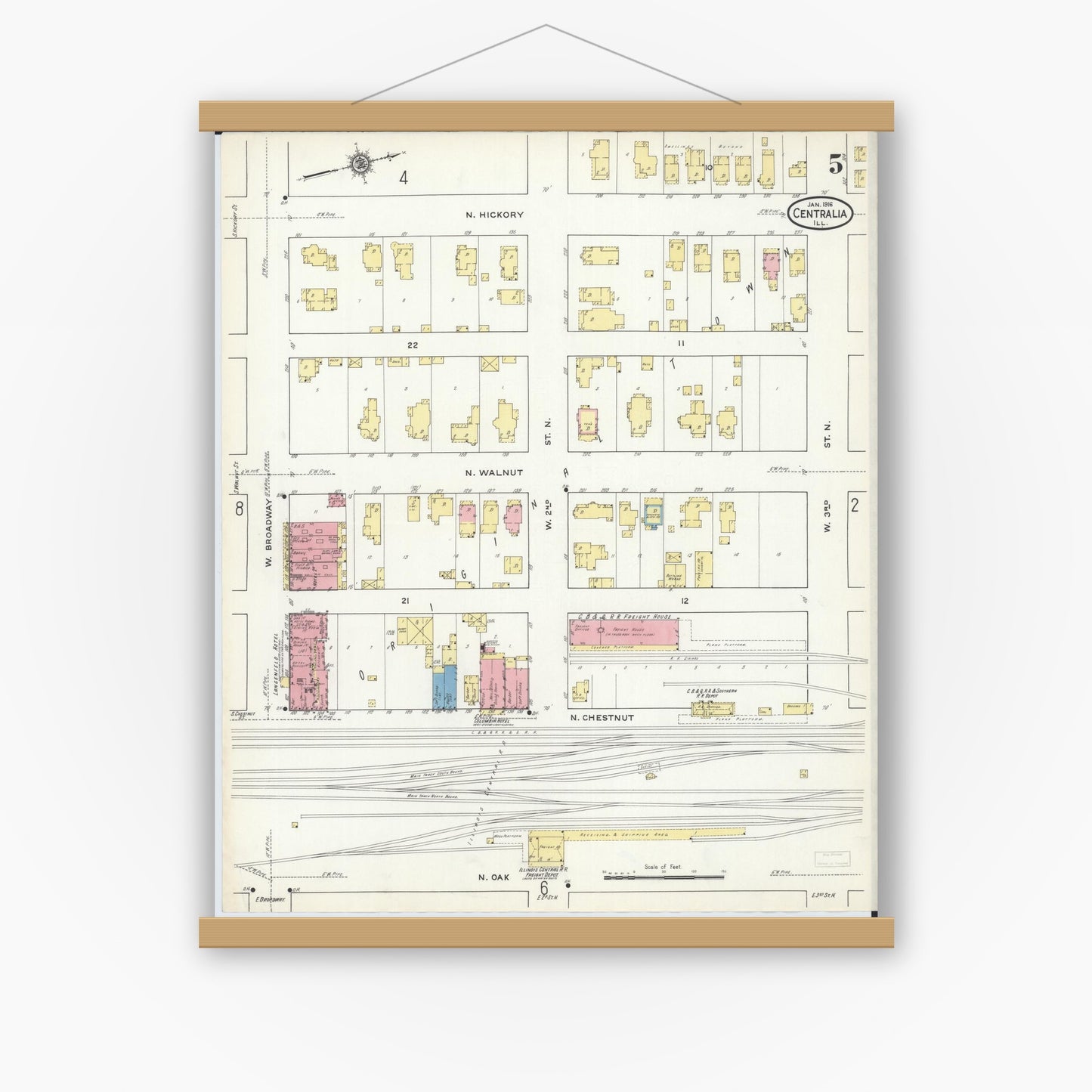 Old map wall art mockup — magnetic wood frame on white wall — Sanborn Fire Insurance Map from Centralia, Marion, Clinton, Jefferson, and Washington Counties, Illinois (1916), Sheet #0005