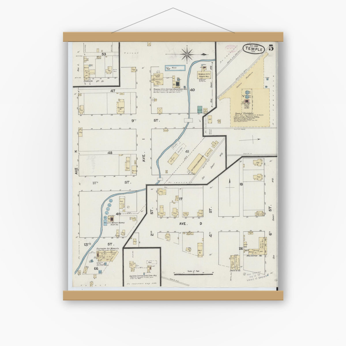 Old map wall art mockup — magnetic wood frame on white wall — Sanborn Fire Insurance Map from Temple, Bell County, Texas (1888), Sheet #0005