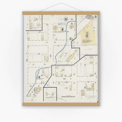 Old map wall art mockup — magnetic wood frame on white wall — Sanborn Fire Insurance Map from Temple, Bell County, Texas (1888), Sheet #0005