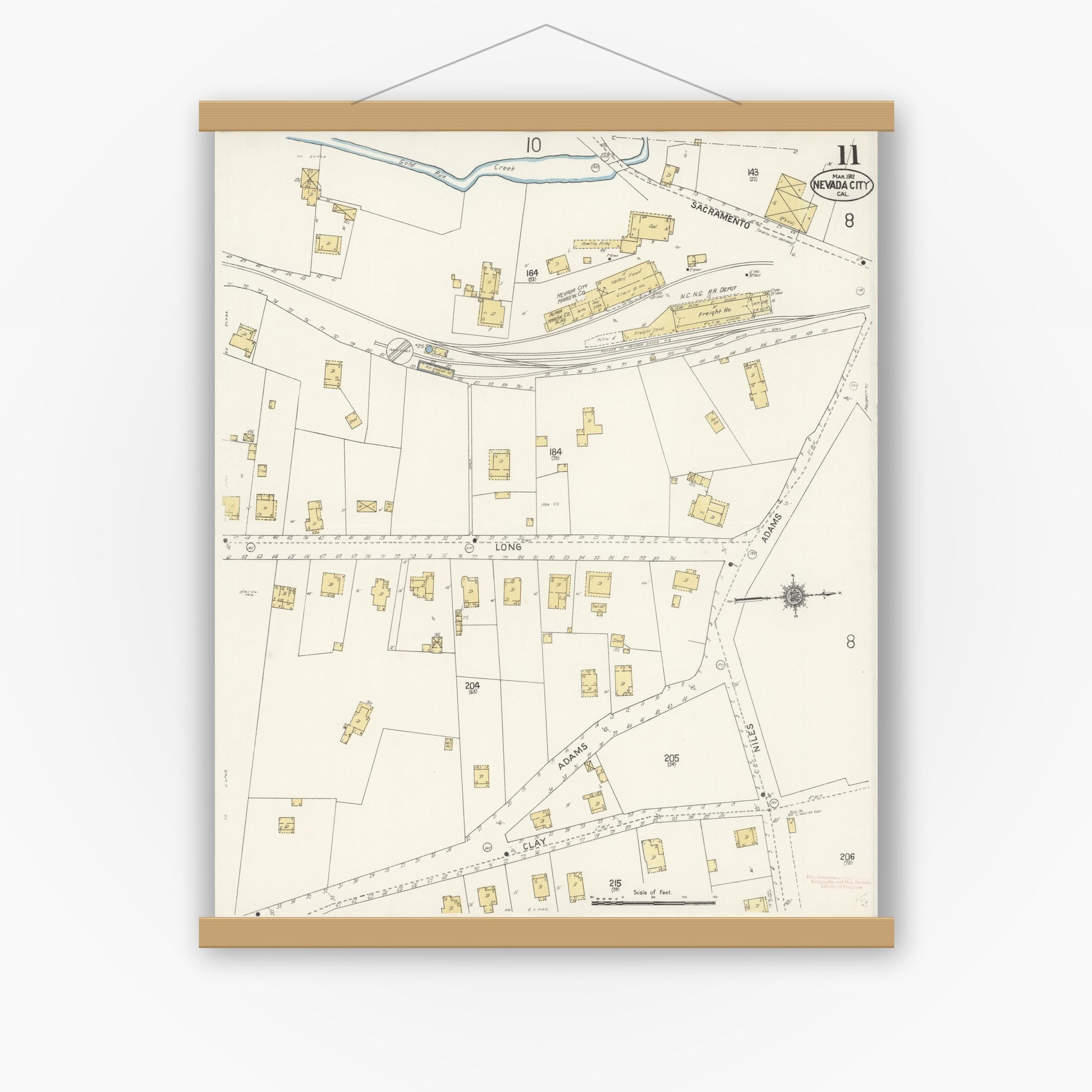 Old map wall art mockup — magnetic wood frame on white wall — Sanborn Fire Insurance Map from Nevada City, Nevada County, California (1912), Sheet #0011