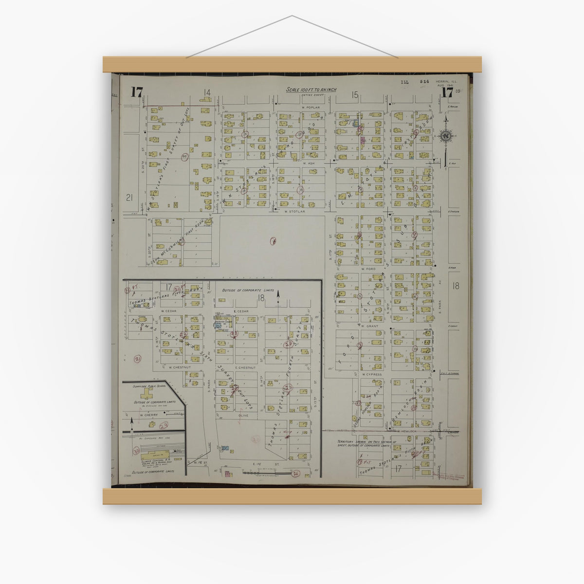 Old map wall art mockup — magnetic wood frame on white wall — Sanborn Fire Insurance Map from Herrin, Williamson County, Illinois (1947), Sheet #0017