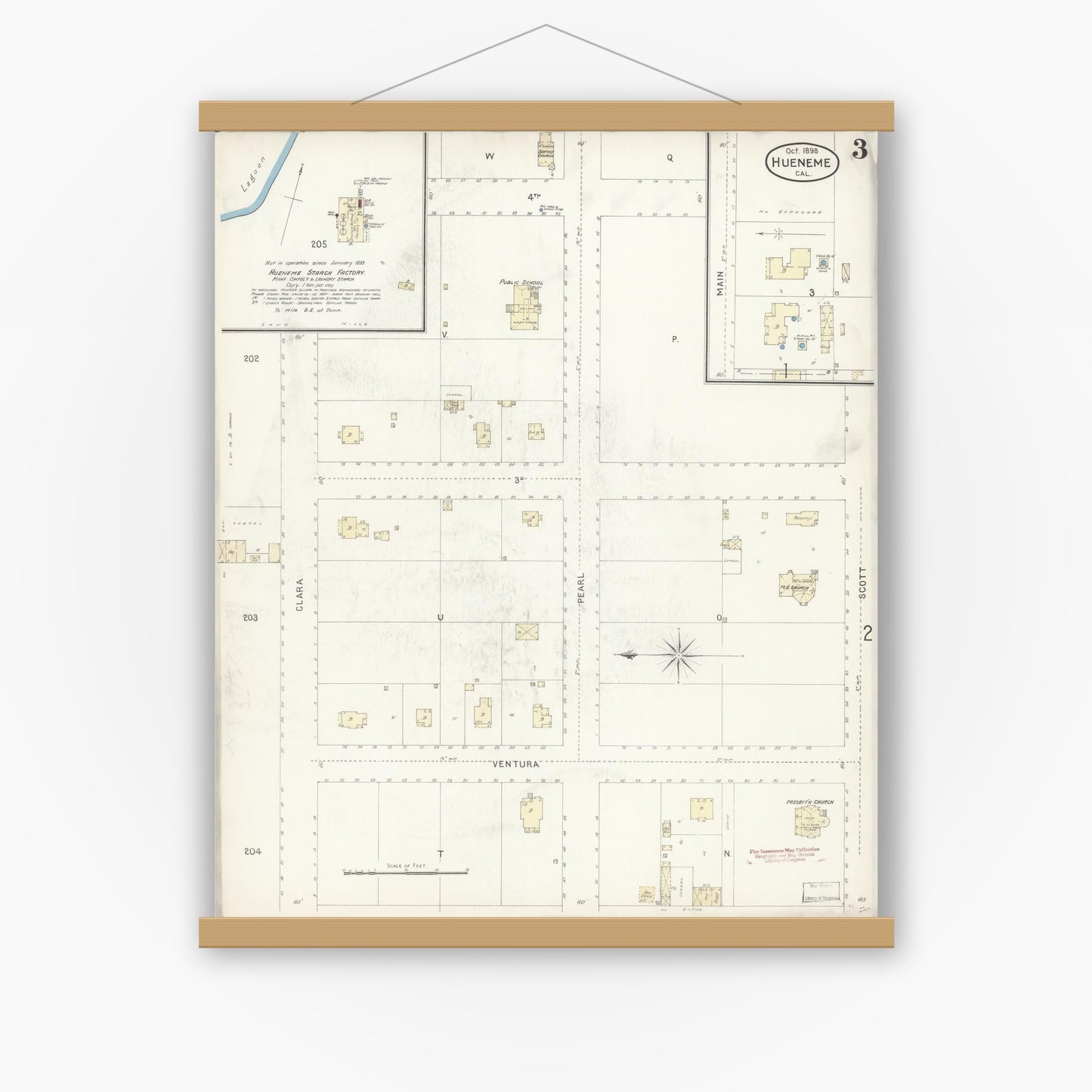 Old map wall art mockup — magnetic wood frame on white wall — Sanborn Fire Insurance Map from Hueneme, Ventura County, California (1898), Sheet #0003