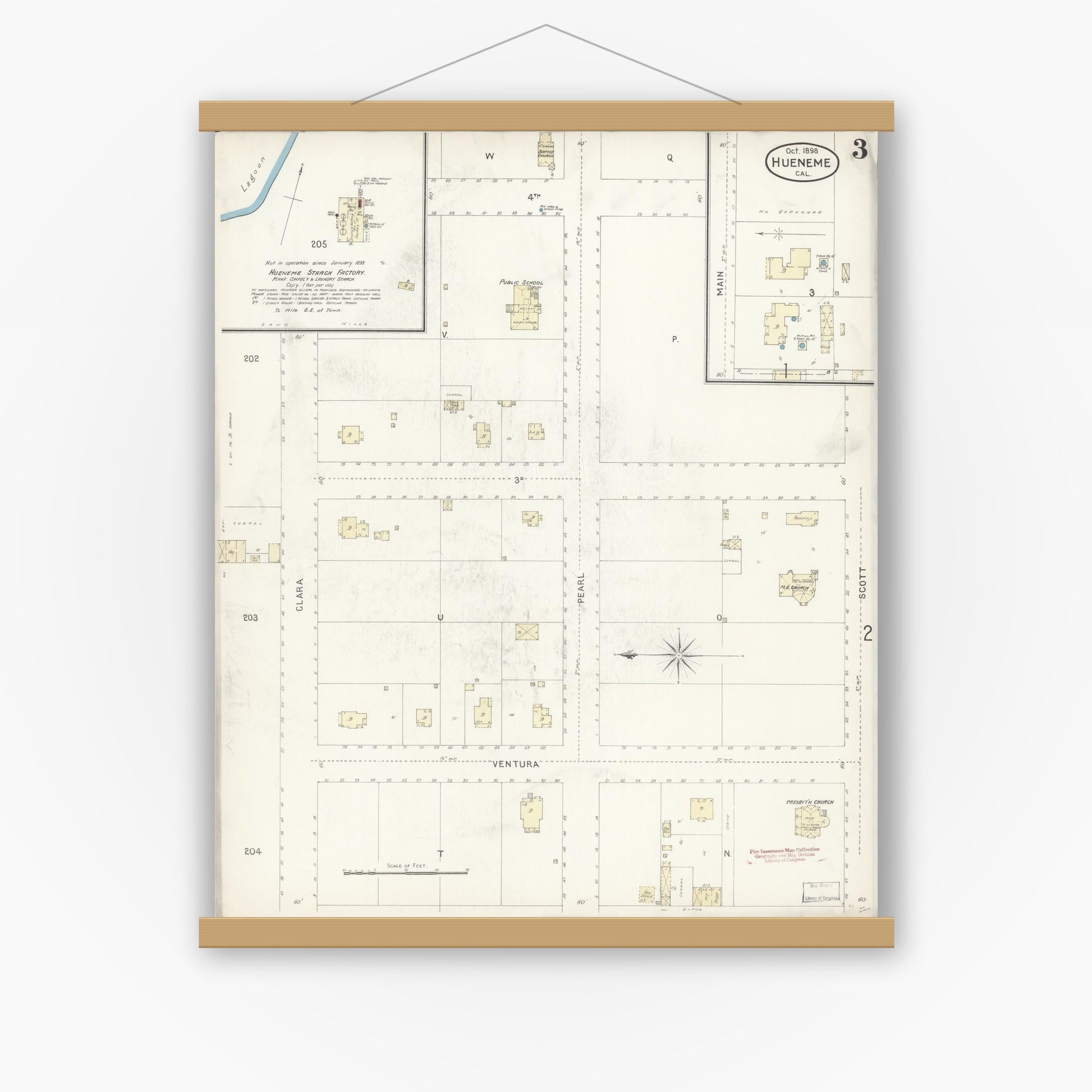 Old map wall art mockup — magnetic wood frame on white wall — Sanborn Fire Insurance Map from Hueneme, Ventura County, California (1898), Sheet #0003