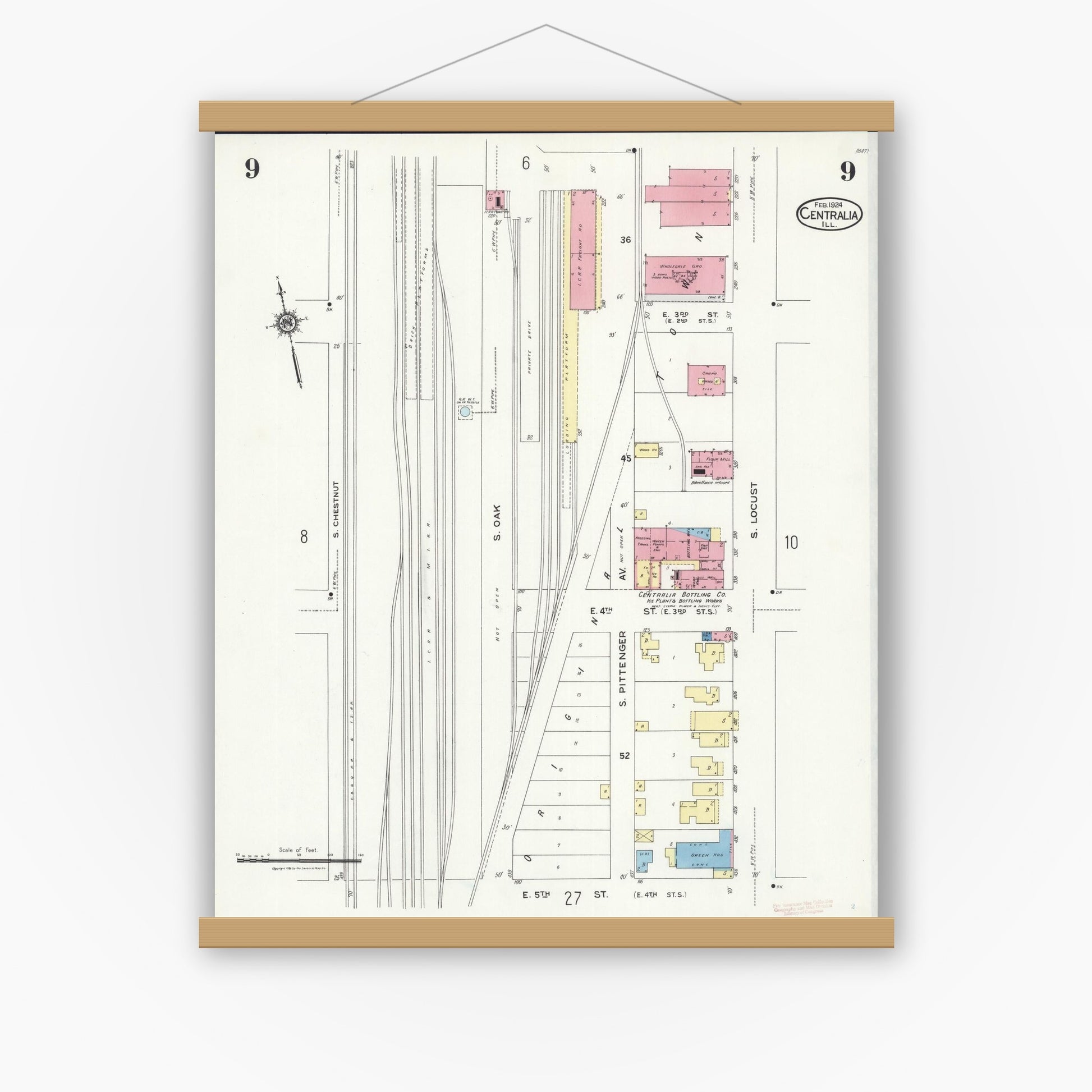 Old map wall art mockup — magnetic wood frame on white wall — Sanborn Fire Insurance Map from Centralia, Marion, Clinton, Jefferson, and Washington Counties, Illinois (1924), Sheet #0009