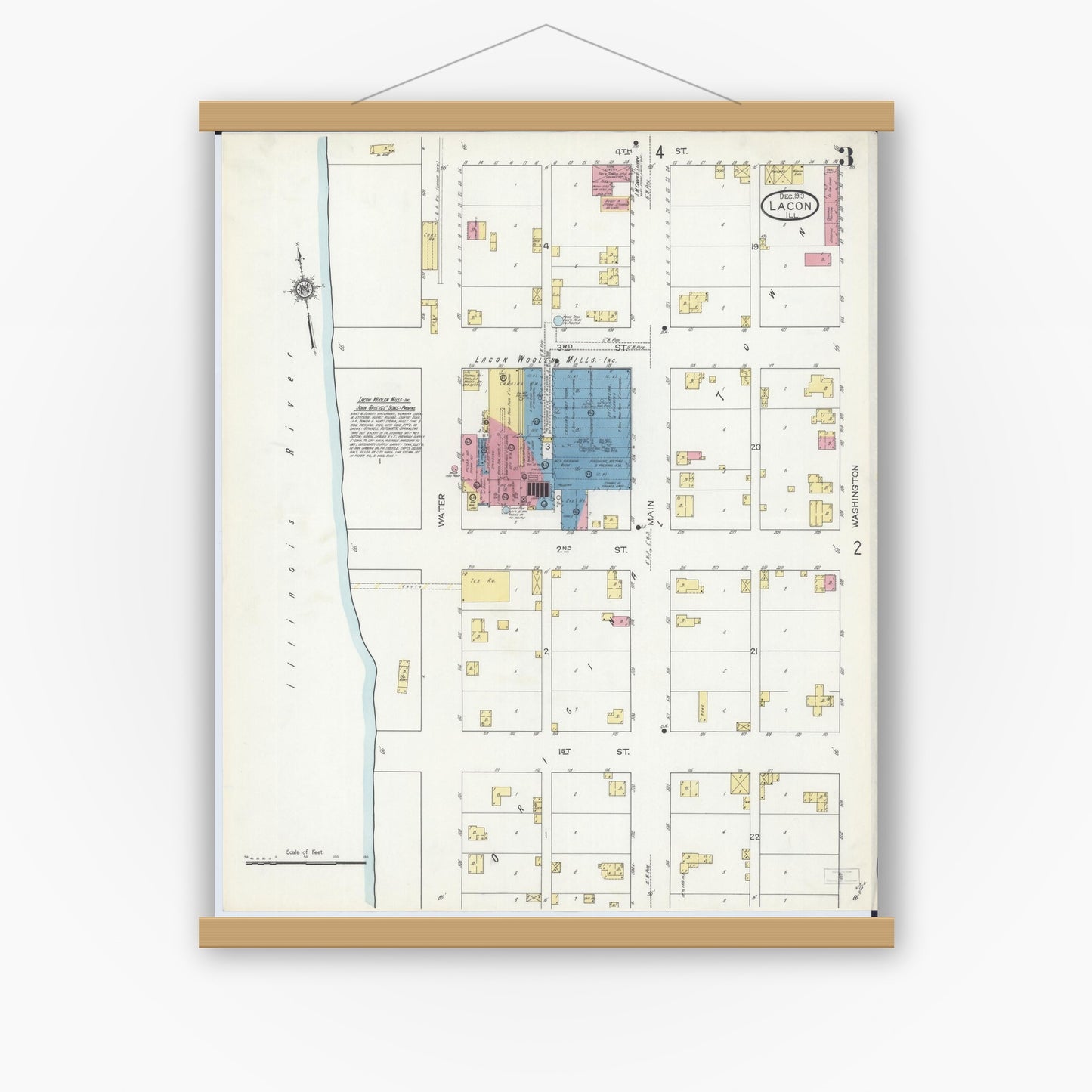 Old map wall art mockup — magnetic wood frame on white wall — Sanborn Fire Insurance Map from Lacon, Marshall County, Illinois (1913), Sheet #0003