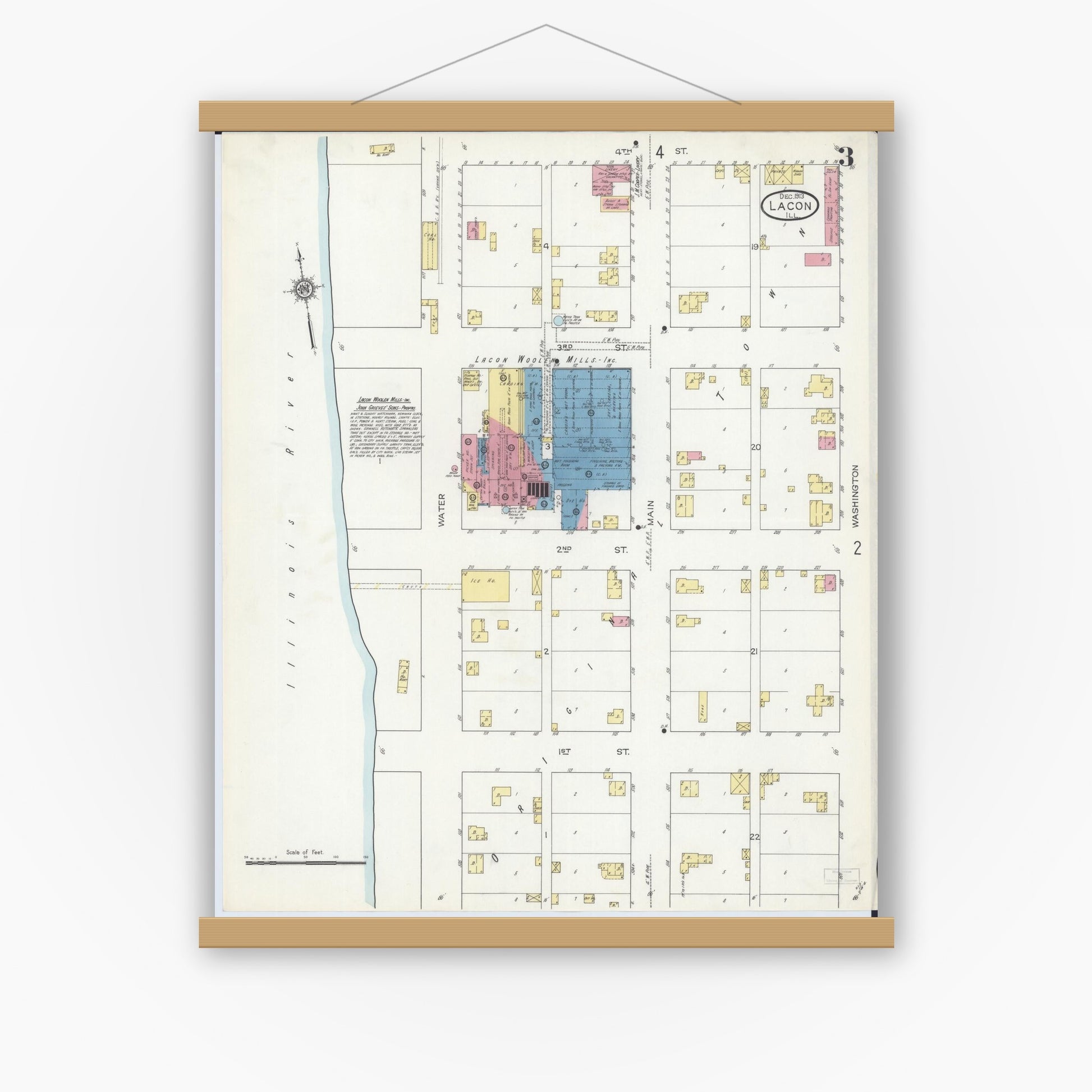 Old map wall art mockup — magnetic wood frame on white wall — Sanborn Fire Insurance Map from Lacon, Marshall County, Illinois (1913), Sheet #0003