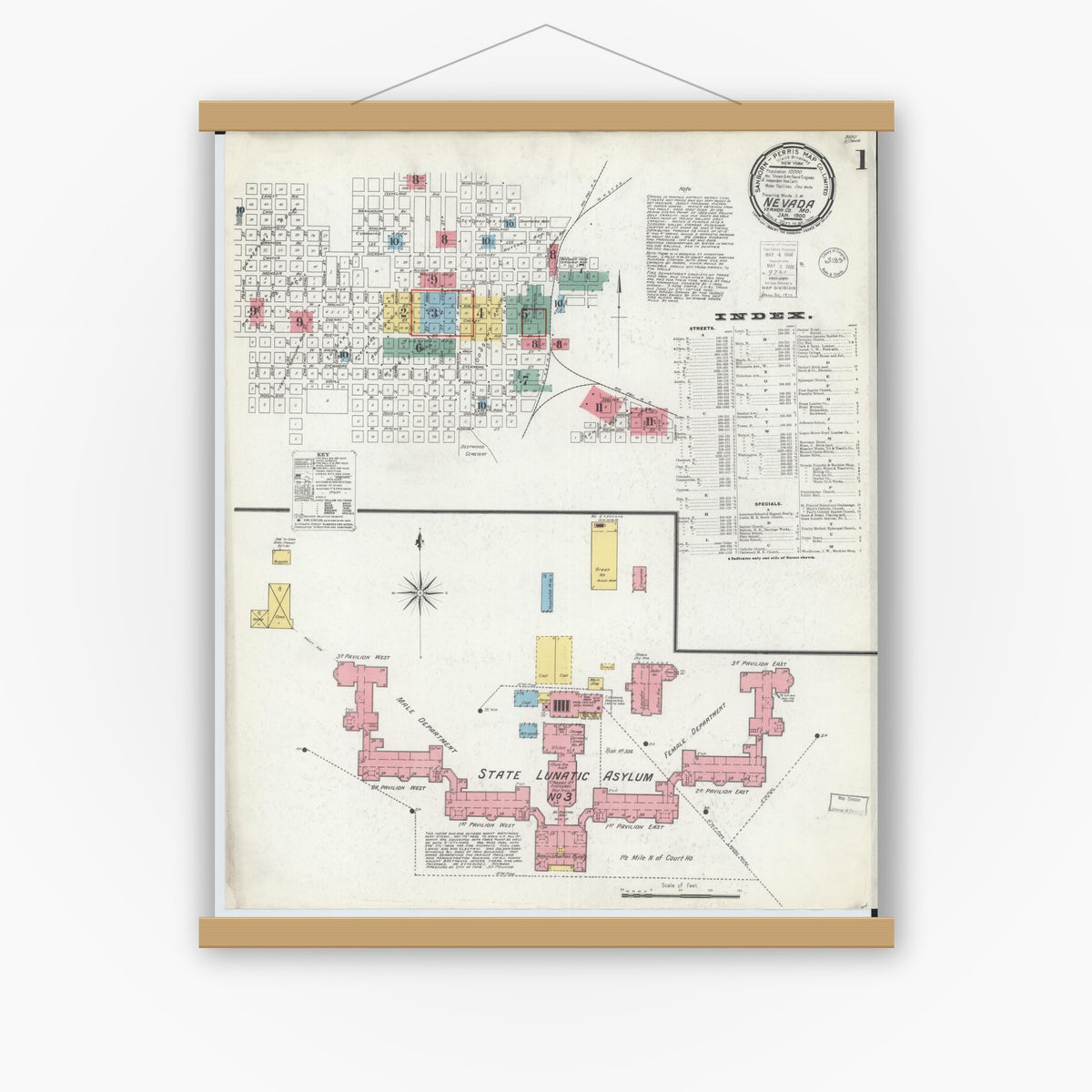 Old map wall art mockup — magnetic wood frame on white wall — Sanborn Fire Insurance Map from Nevada, Vernon County, Missouri (1900), Sheet #0001
