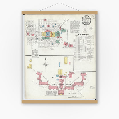 Old map wall art mockup — magnetic wood frame on white wall — Sanborn Fire Insurance Map from Nevada, Vernon County, Missouri (1900), Sheet #0001